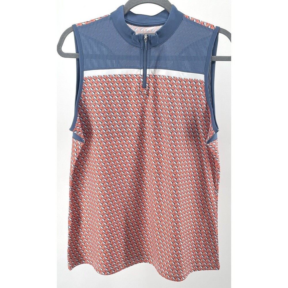PGA TOUR Womens Sleeveless Golf Top L Blue Coral Print 1/4 Zip Tennis Pickleball